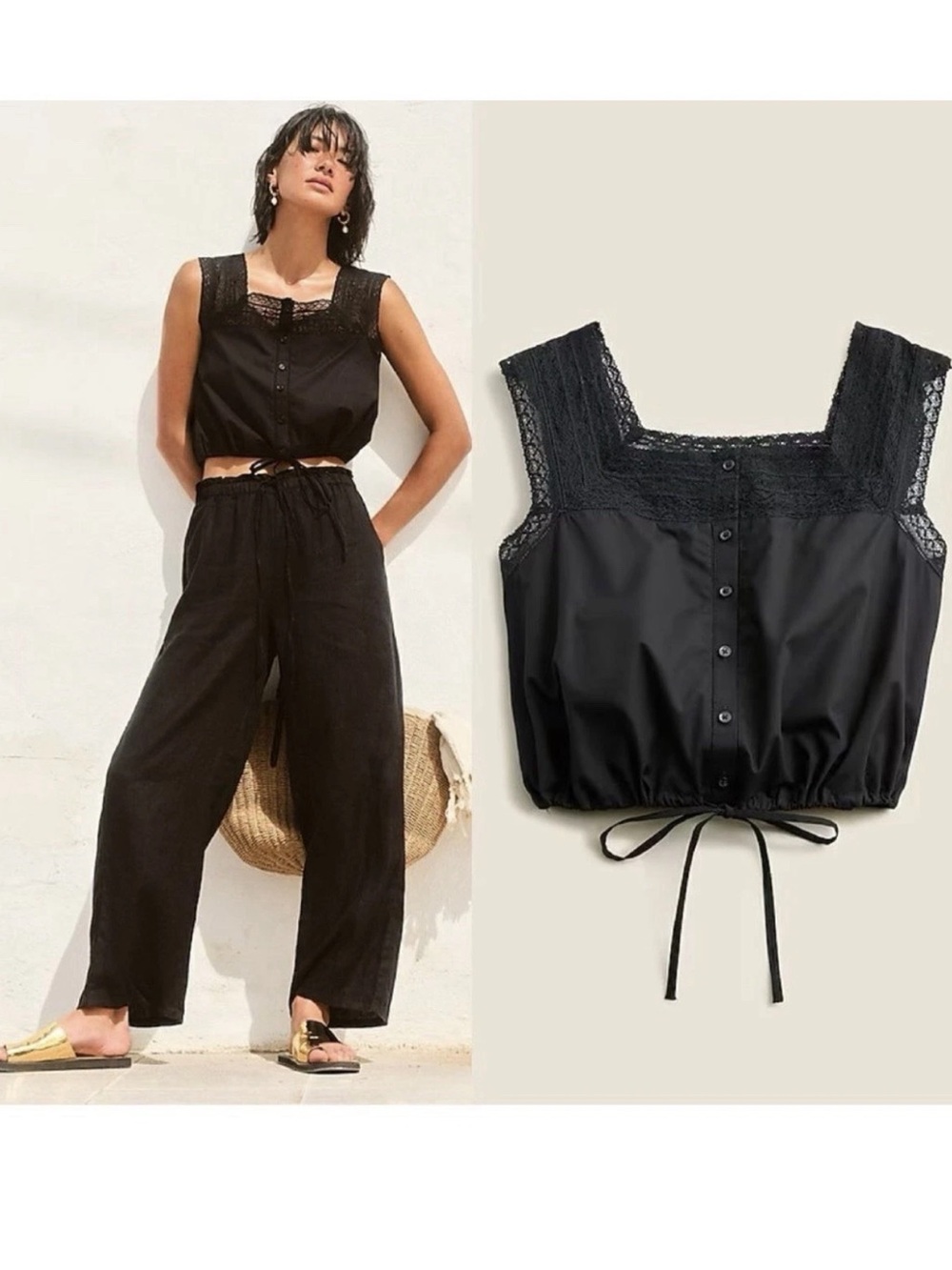 J Crew black cotton crop top with lace trim size M